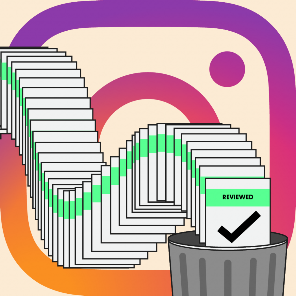 Instagram report illustrated with a long stack of papers filing into a grey garbage can with the Instagram logo in the background