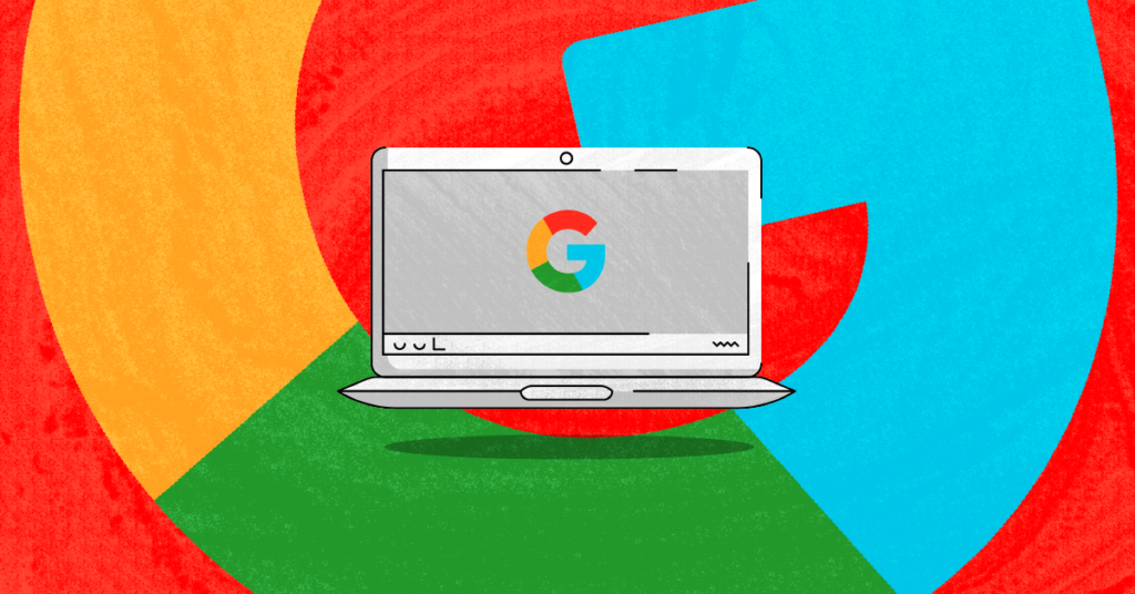 Guide to Chromebook setup illustrated by a Chromebook against a bright background