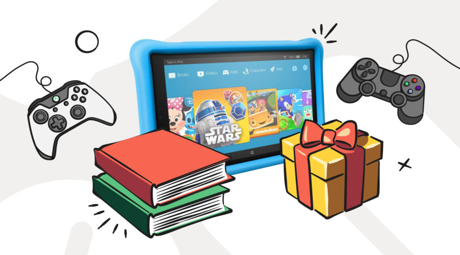 Gifts for teens header image with books, a tablet, and video game controllers