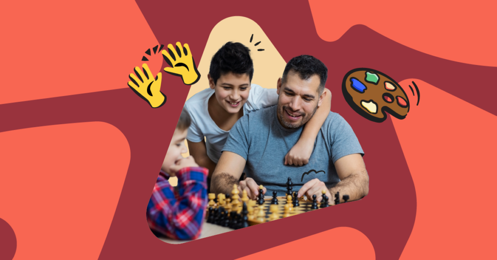 Family activities illustration of dad and kid playing chess